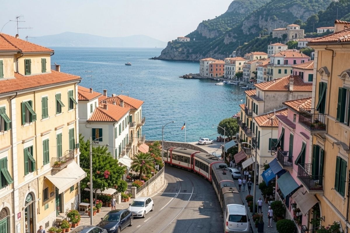 Treno storico in viaggio su una panoramica tratta italiana, circondato da paesaggi suggestivi.